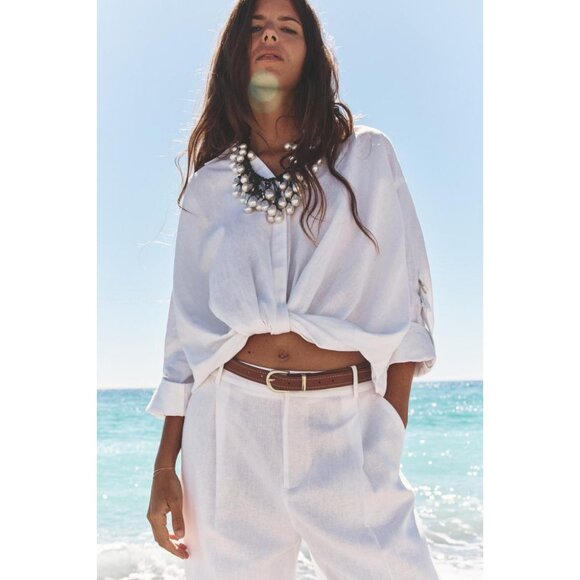 ZARA LINEN BELTED STRAIGHT-LEG TROUSERS - Picture 3 of 5